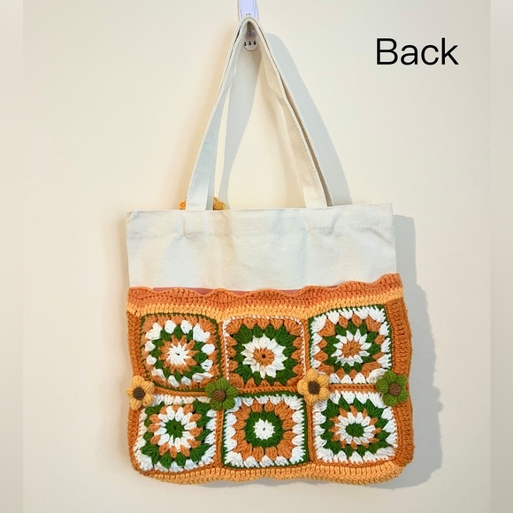 Chic Floral Crochet Tote Bag - Orange and Cream - Picture 2 of 10